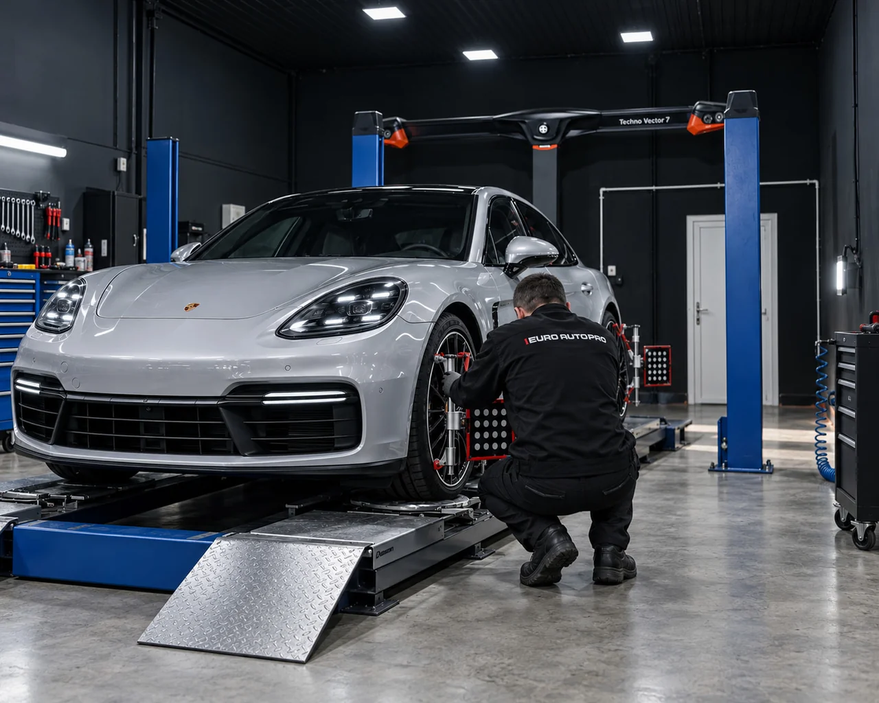 Мастер устанавливает измерительную мишень на колесо Porsche Panamera