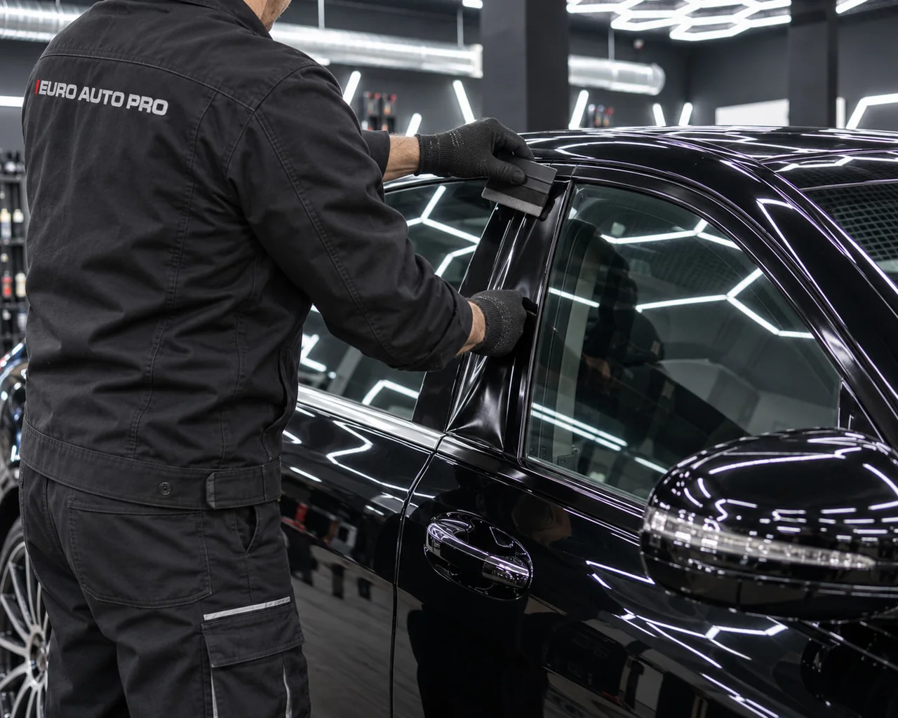 Оклейка хромированной оконной планки Mercedes чёрной плёнкой