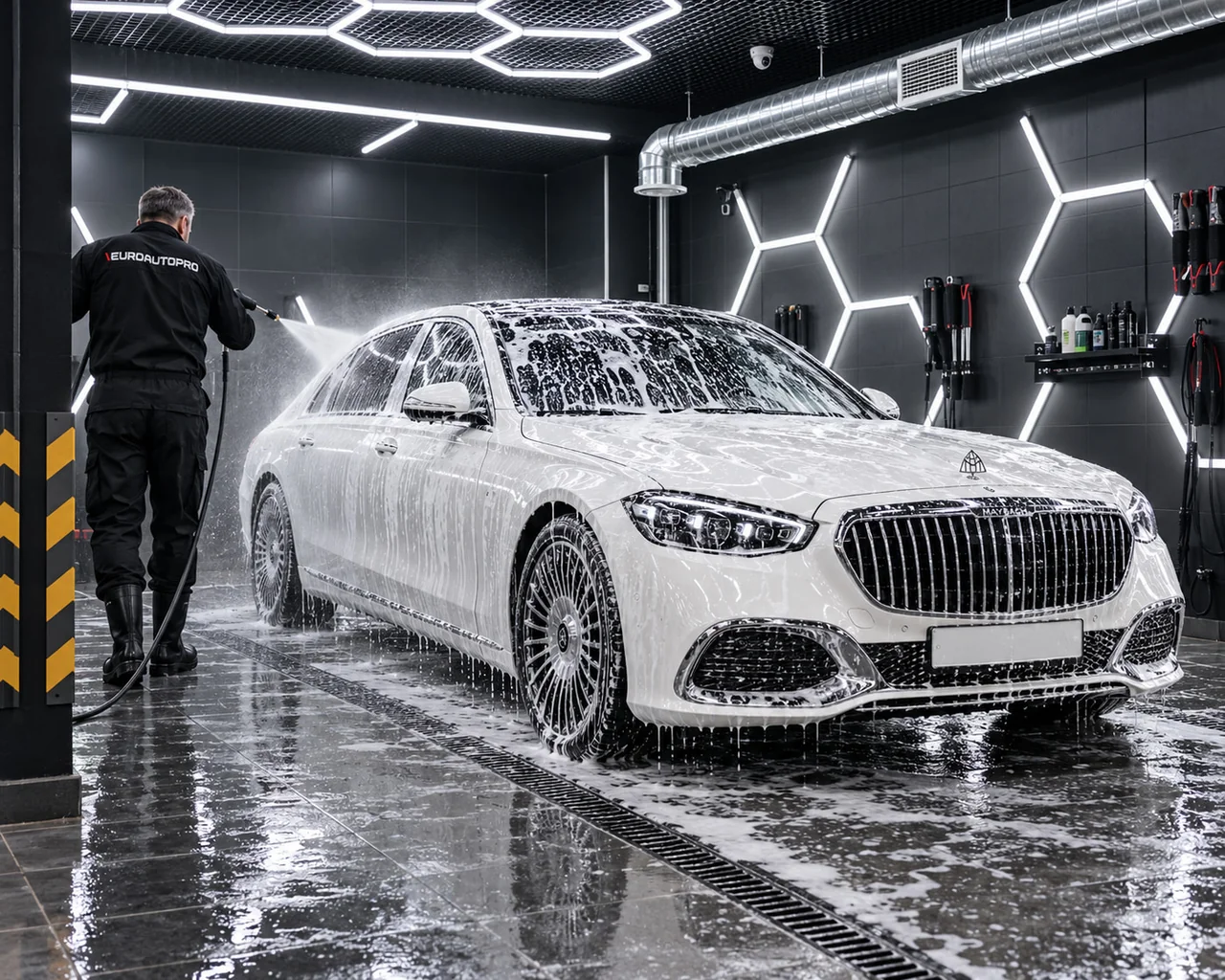 Мойка белого Mercedes-Maybach пеной в моечном боксе