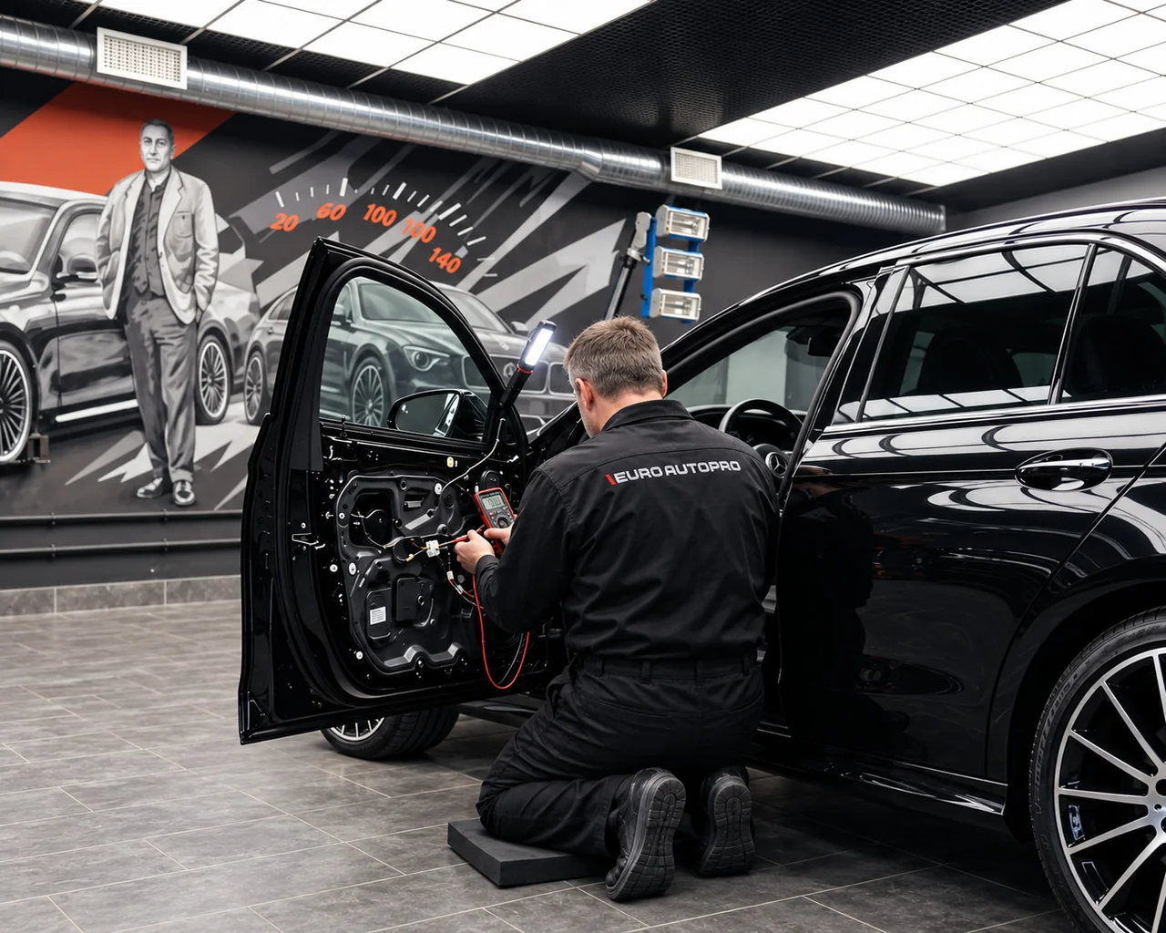 Мастер проверяет электрику открытой двери Mercedes