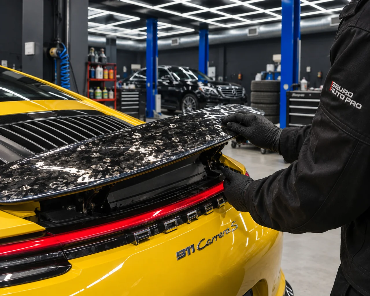 Карбоновый спойлер жёлтого Porsche крупным планом