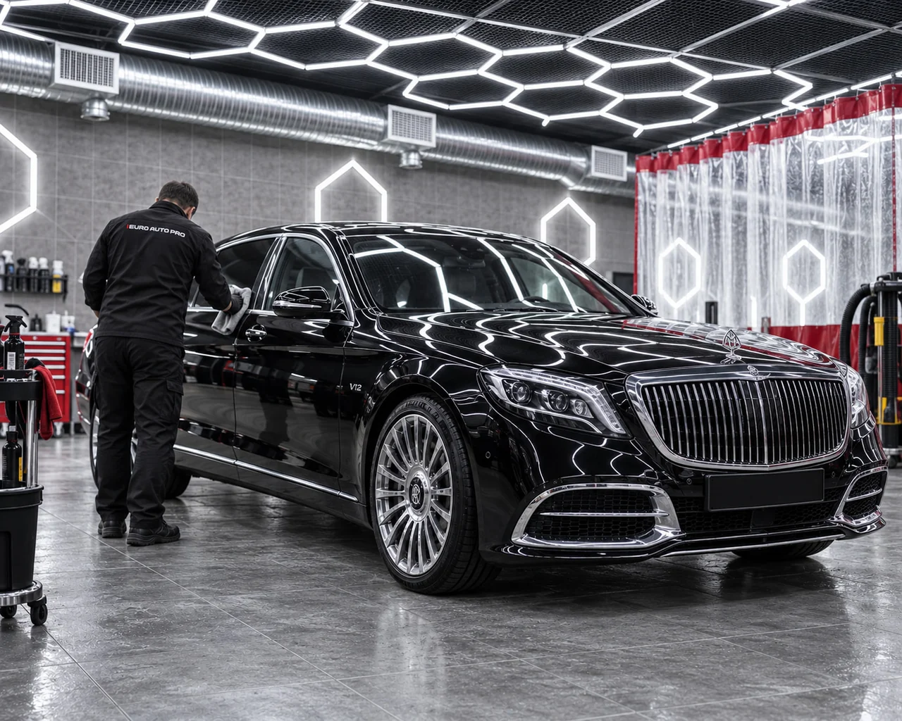 Завершающий уход за кузовом Mercedes-Maybach в детейлинг-боксе