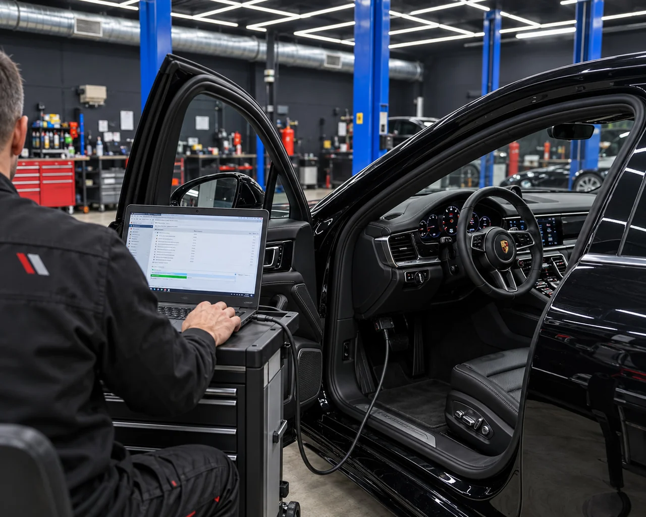 Диагностический ноутбук рядом с Porsche в техническом боксе