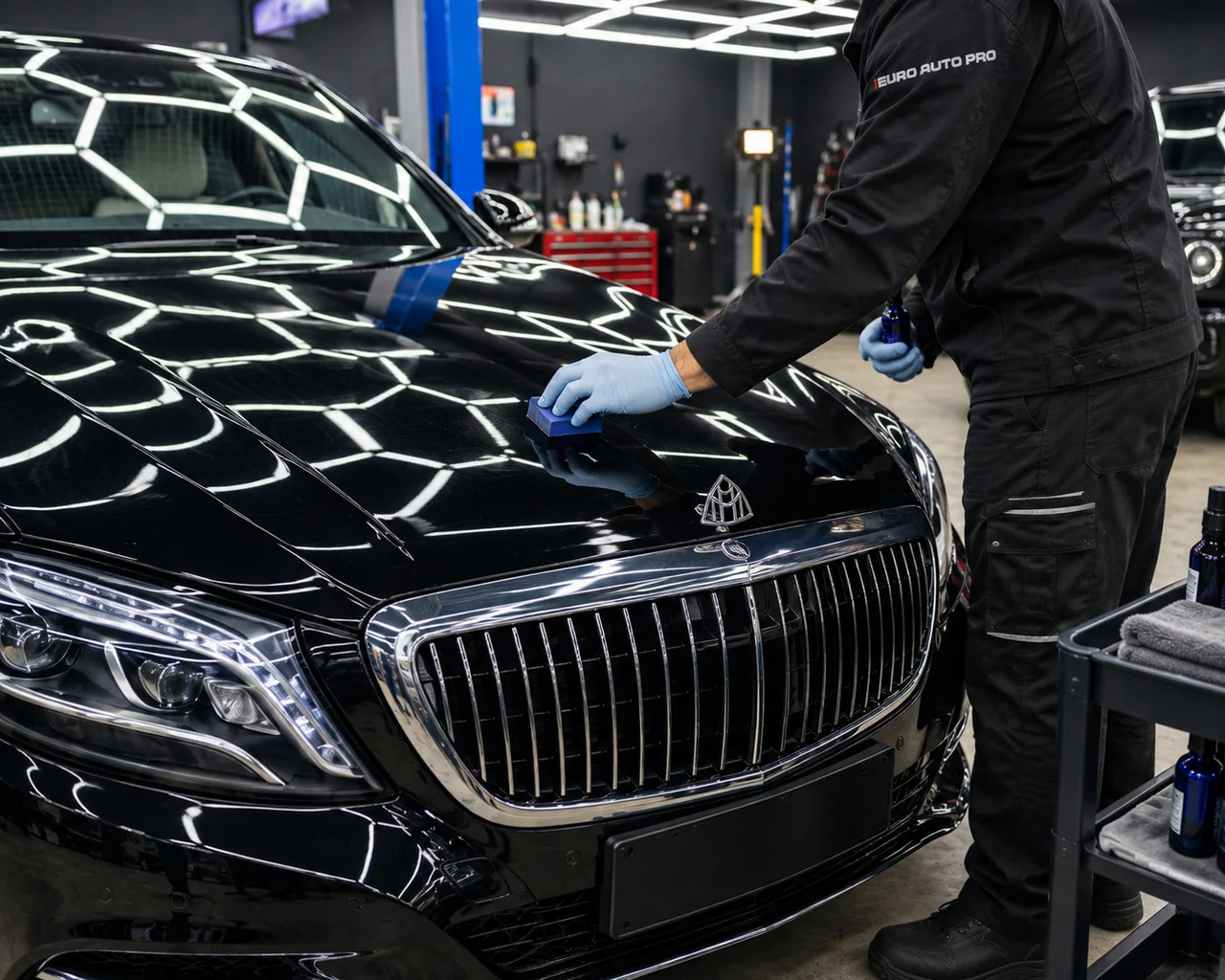 Нанесение защитного состава на чёрный капот Mercedes-Maybach