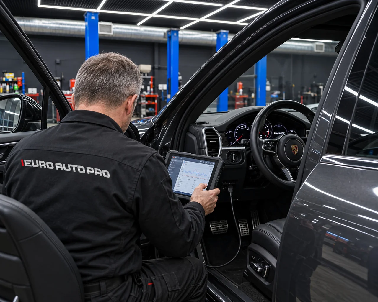 Мастер подключает диагностический планшет к Porsche Cayenne