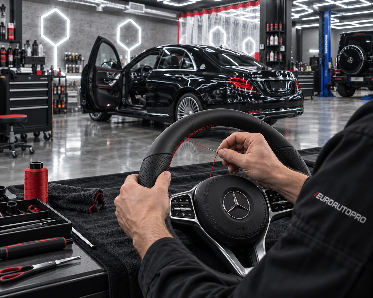 Ручная прошивка новой кожаной обивки руля Mercedes
