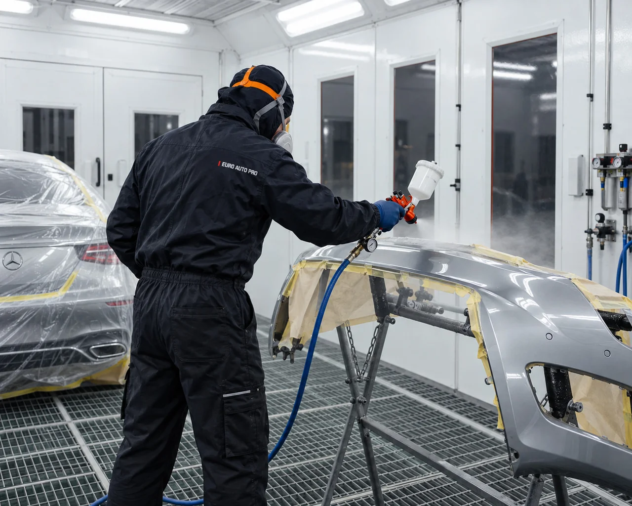 Мастер окрашивает кузовной элемент Mercedes в малярной камере