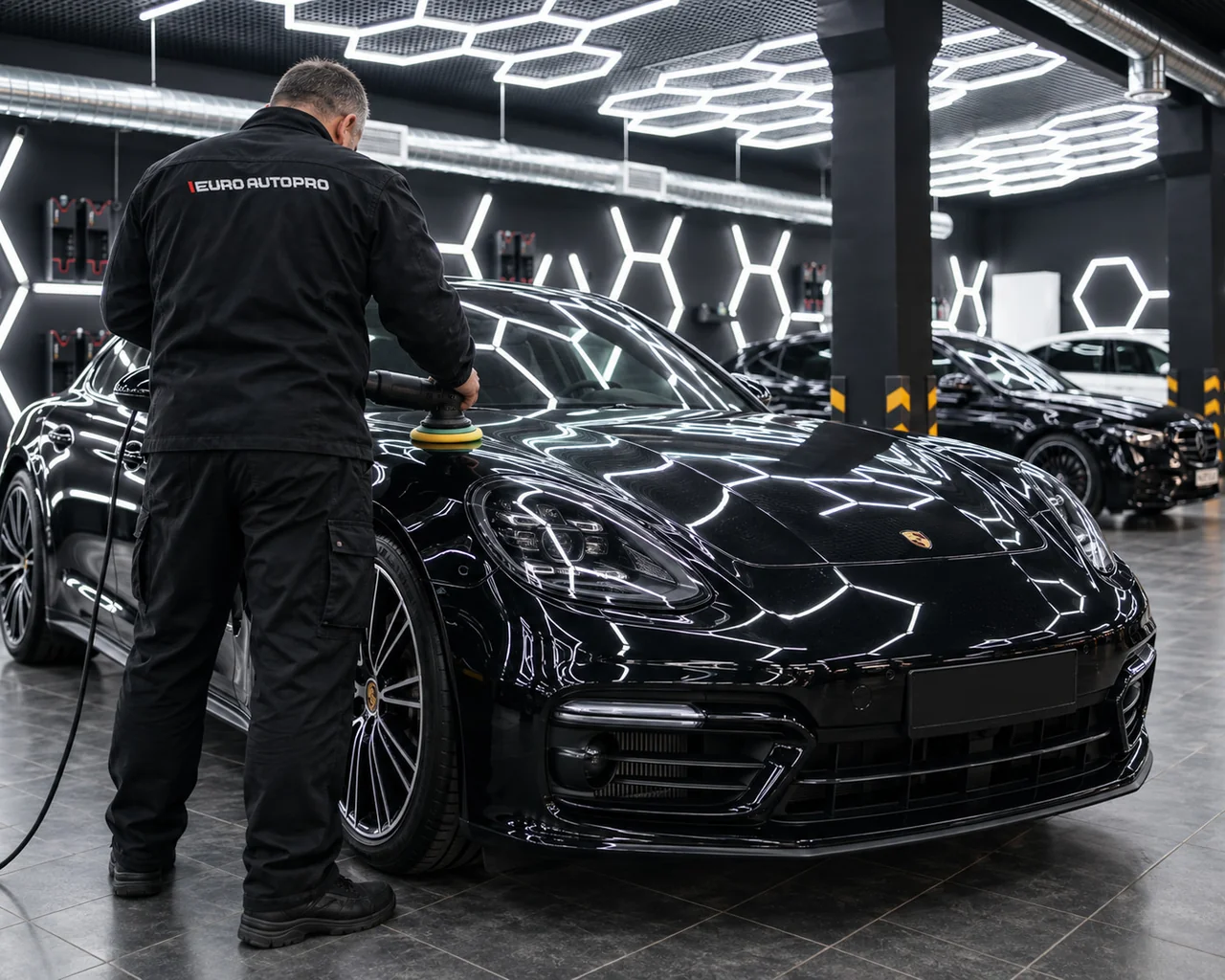 Мастер со спины полирует капот Porsche