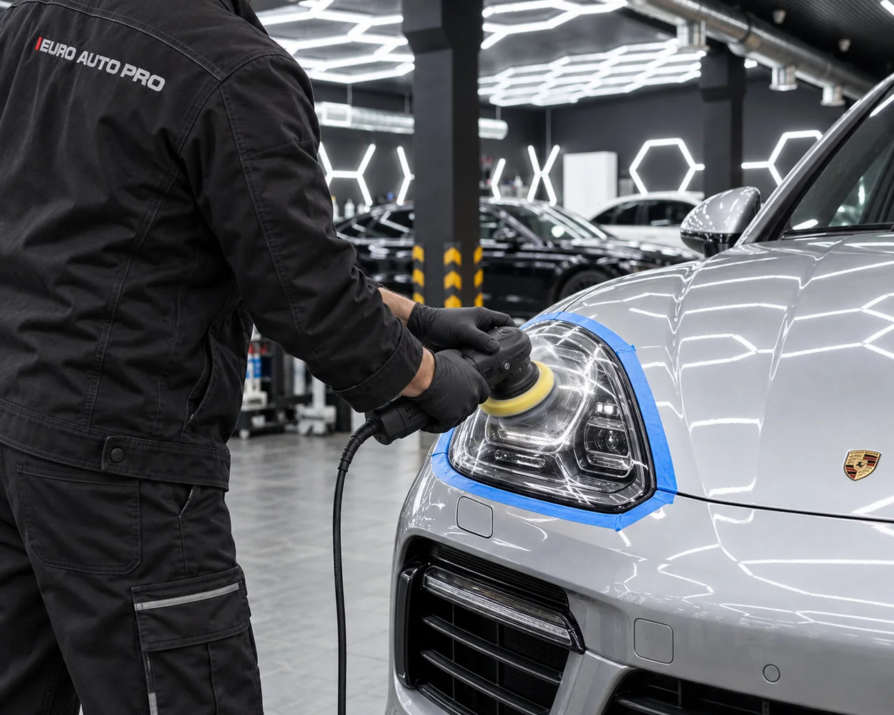 Полировка фары Porsche с защитой соседних элементов малярной лентой