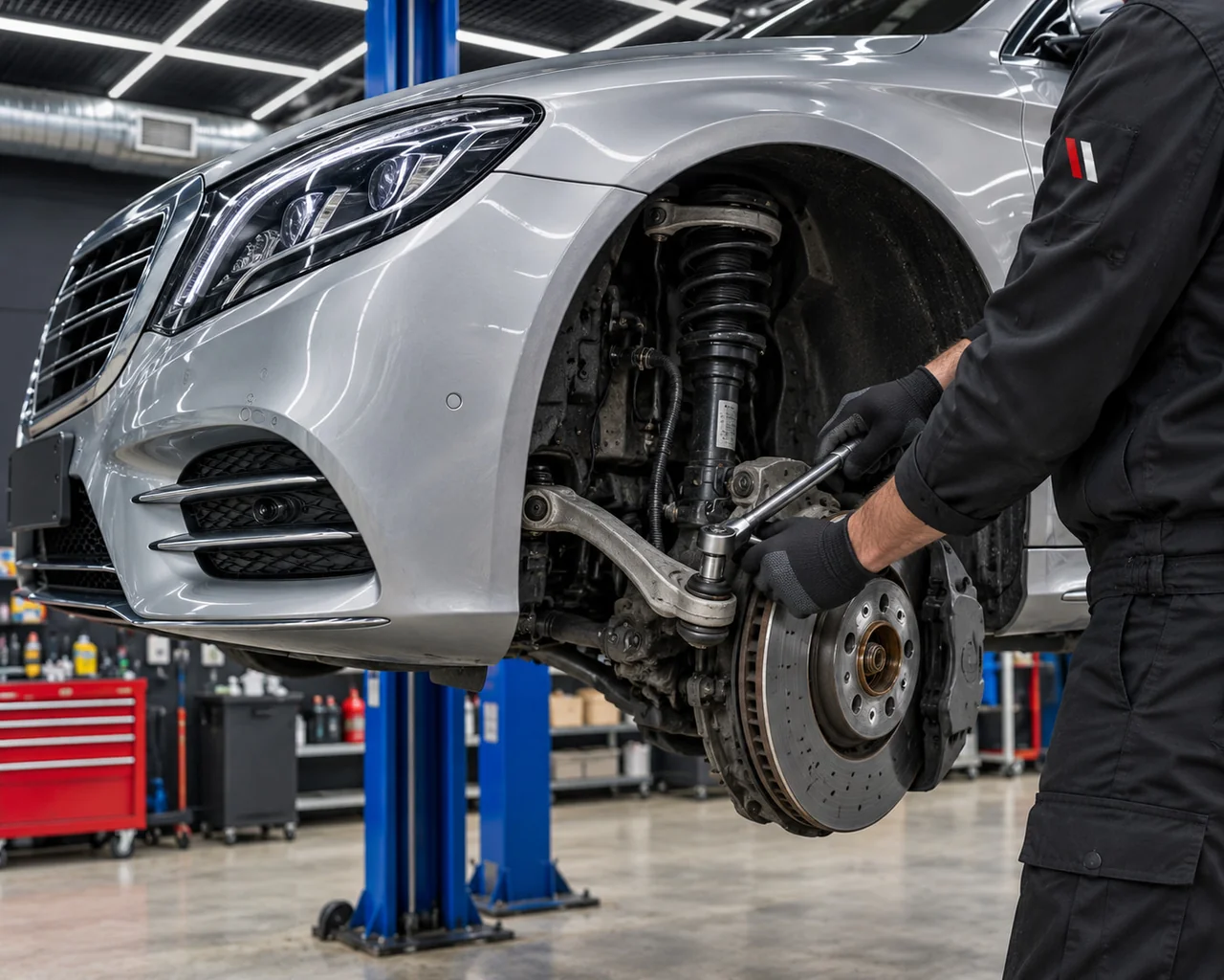 Работа с подвеской Mercedes при снятом переднем колесе