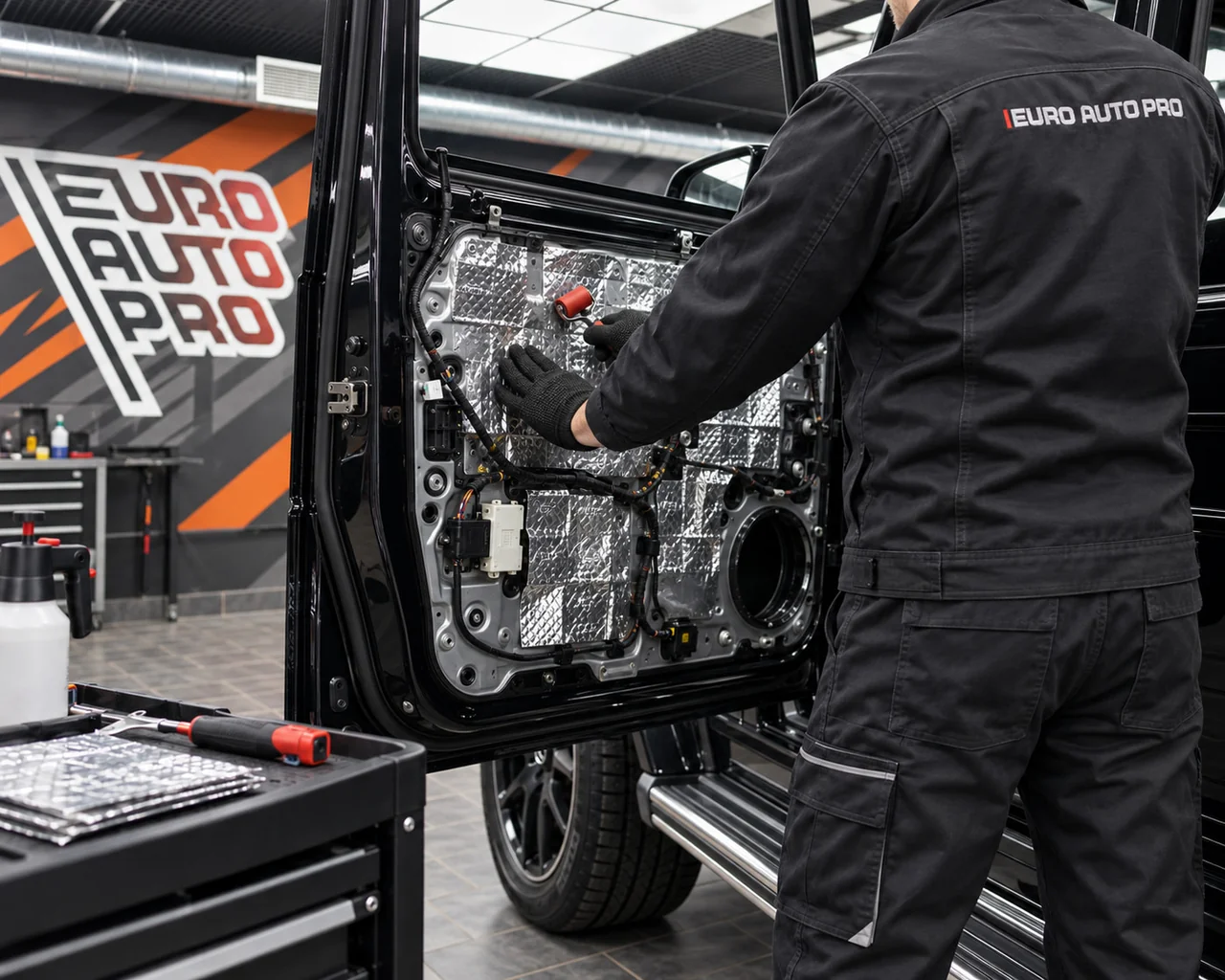 Установка шумоизоляционного материала внутри двери Mercedes