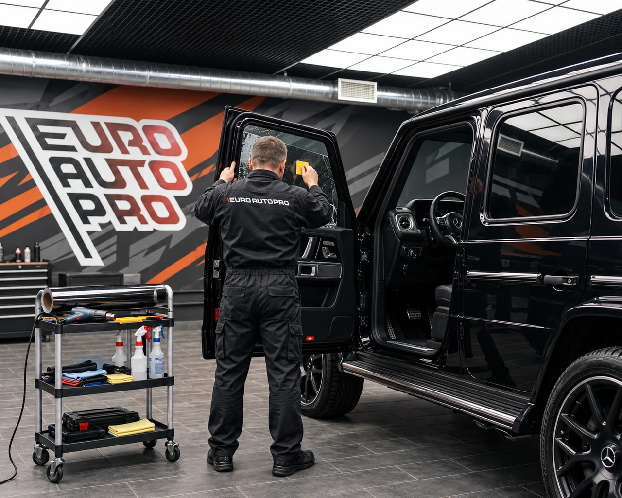 Мастер устанавливает тонировочную плёнку на стекло Mercedes G-Class