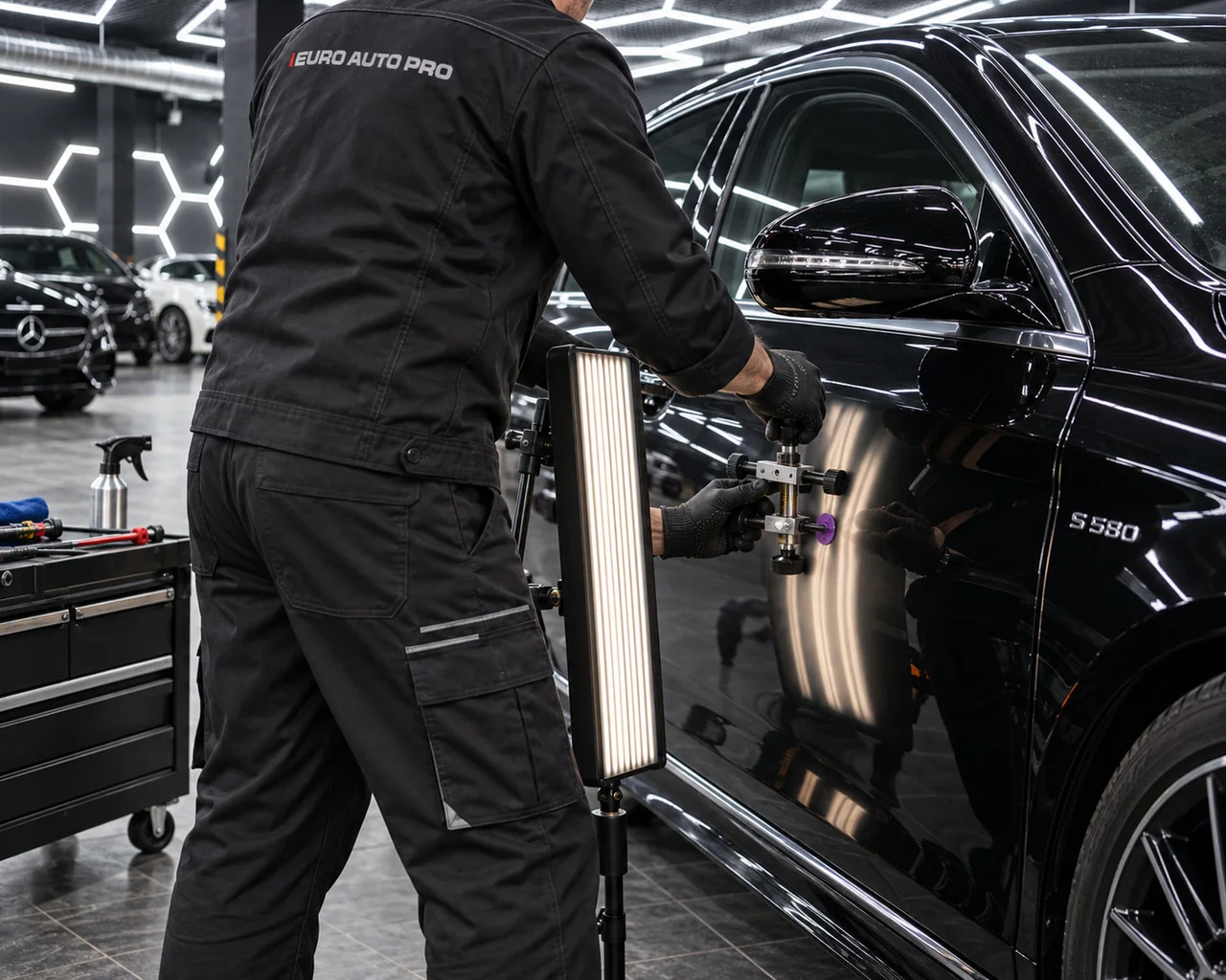 Работа с вмятиной на двери Mercedes при отражённом свете