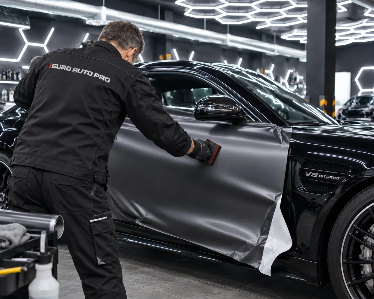 Оклейка кузовного элемента Mercedes виниловой плёнкой