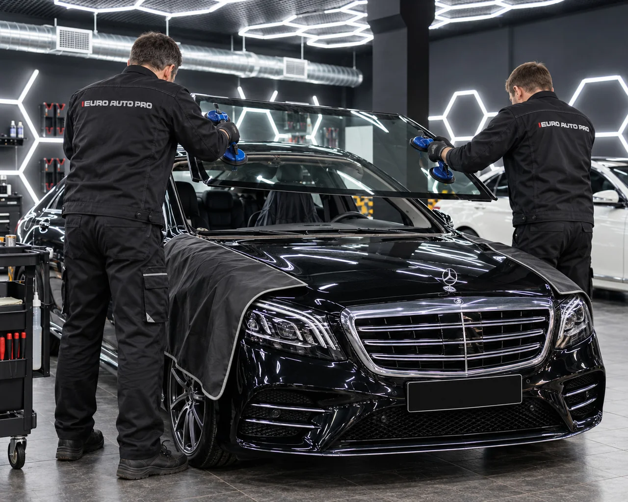 Два мастера устанавливают лобовое стекло Mercedes с помощью присосок