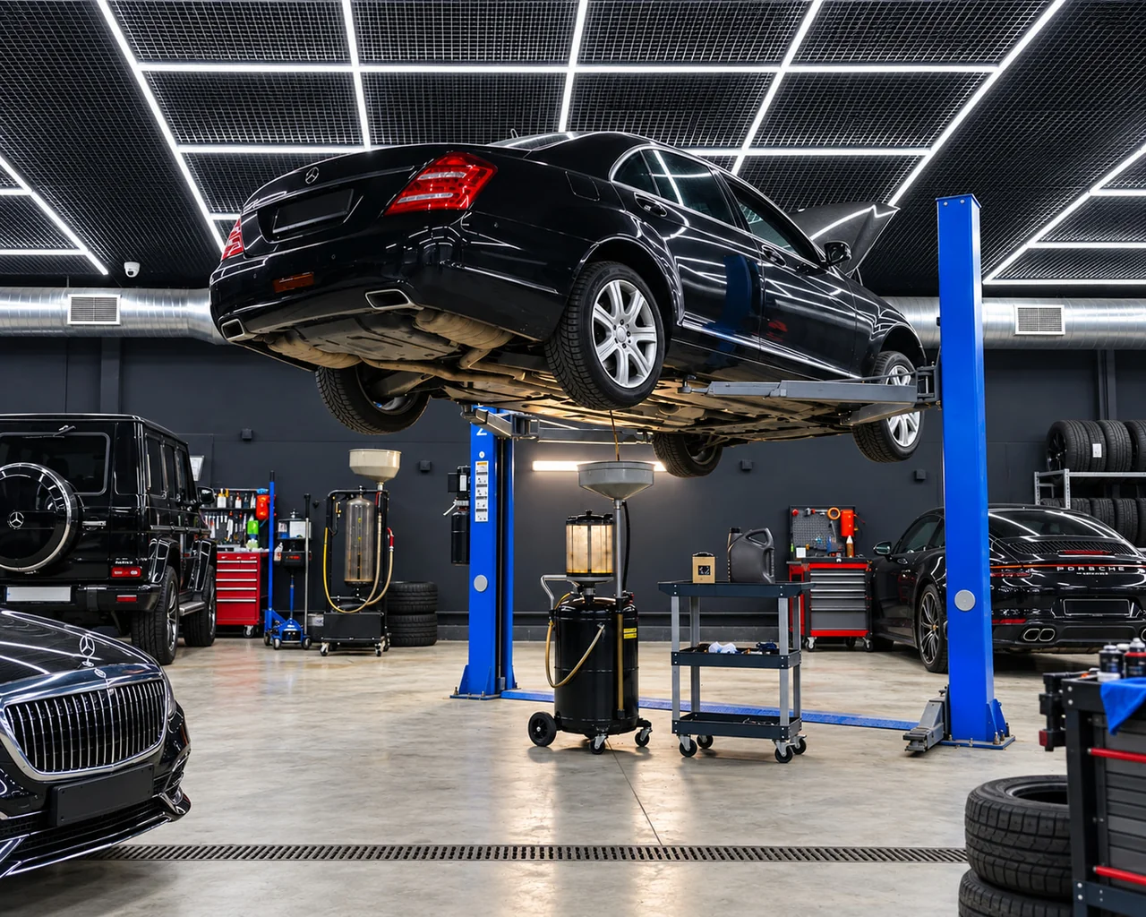Чёрный Mercedes S-Class на подъёмнике над маслосборником