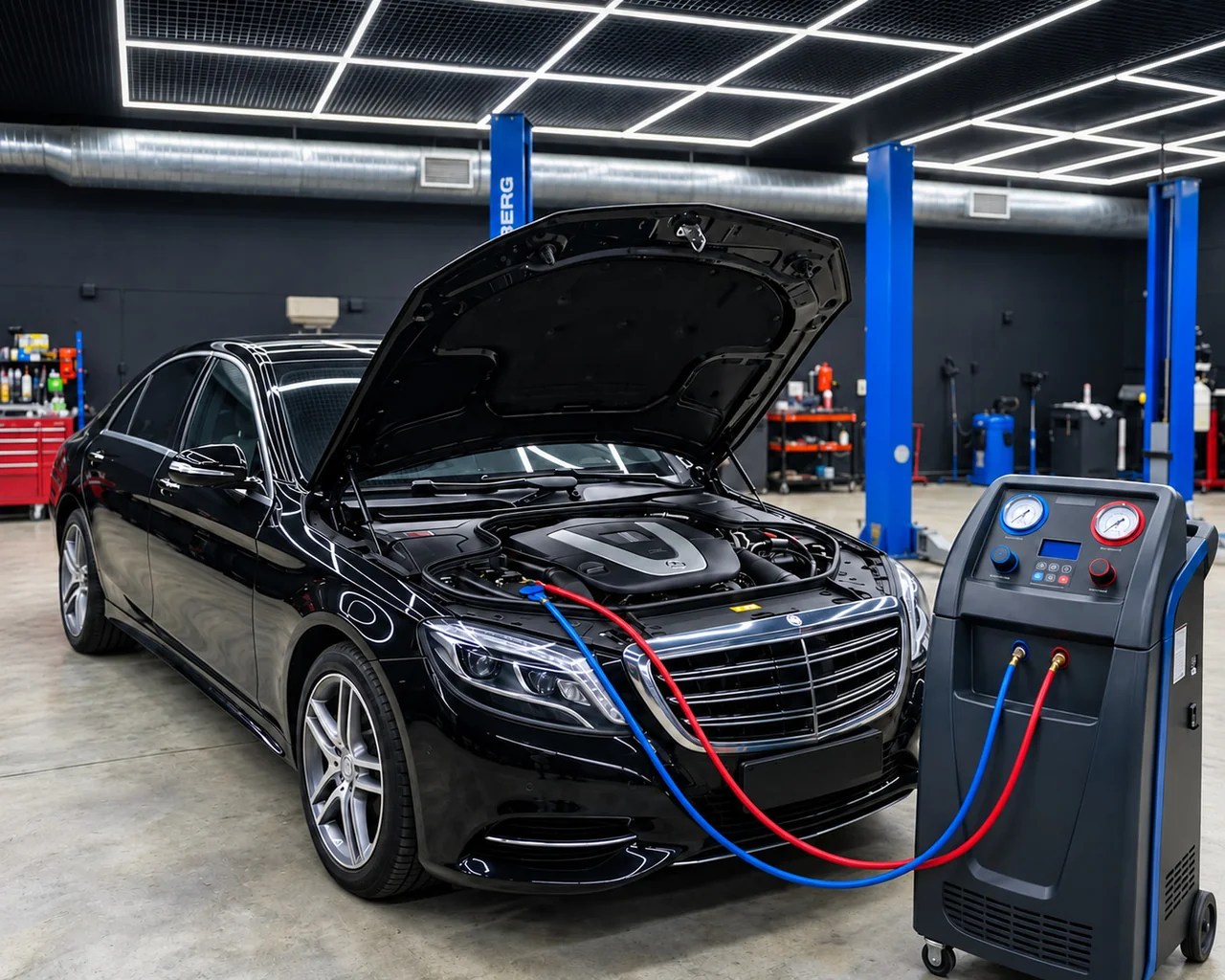 Чёрный Mercedes S-Class со станцией обслуживания кондиционера