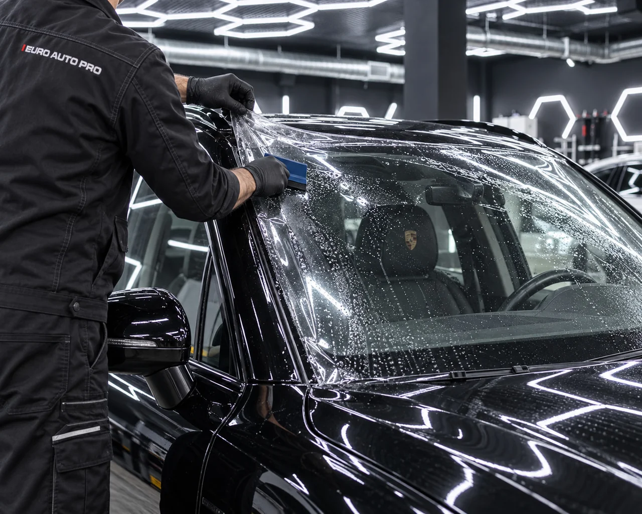 Установка прозрачной защитной плёнки на лобовое стекло Porsche